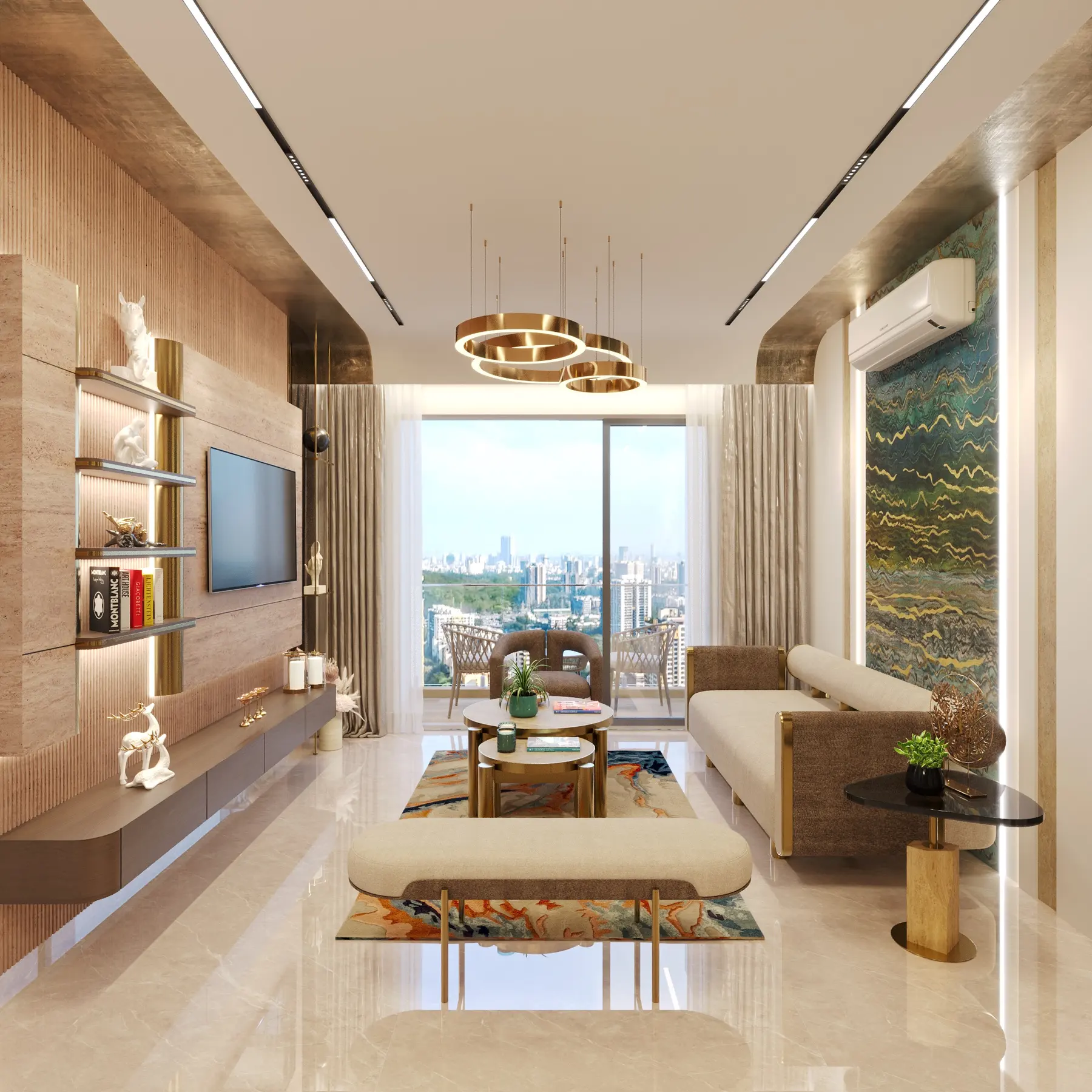 Apartment living room with a TV wall, ring pendant lights and a balcony view