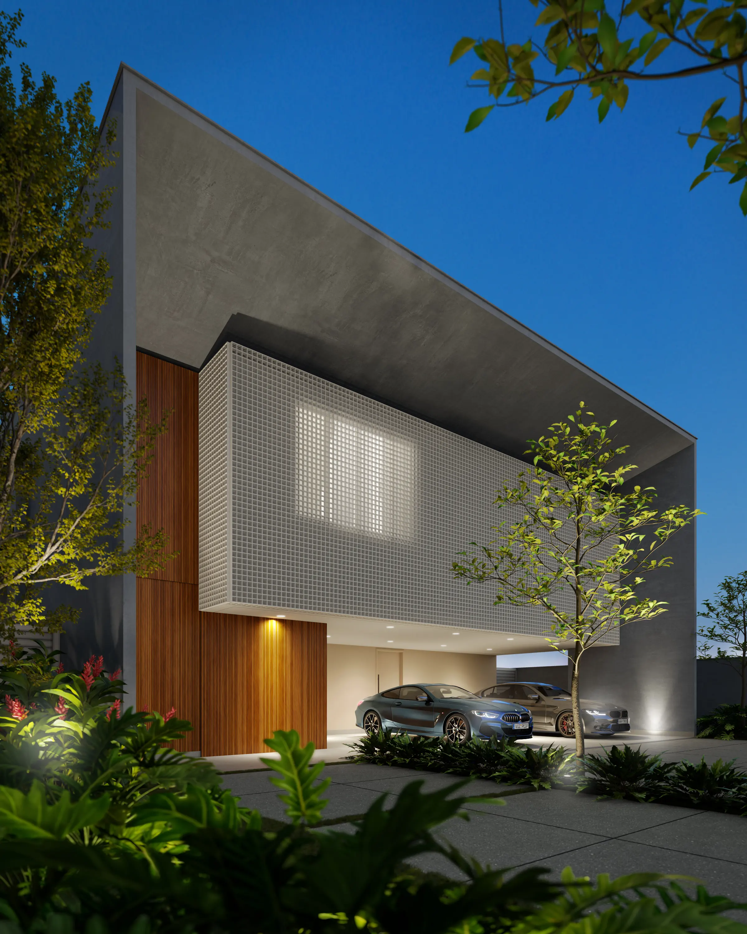The same villa as a finished exterior visualization: modern villa with a cantilevered concrete facade and timber carport under a clear sky