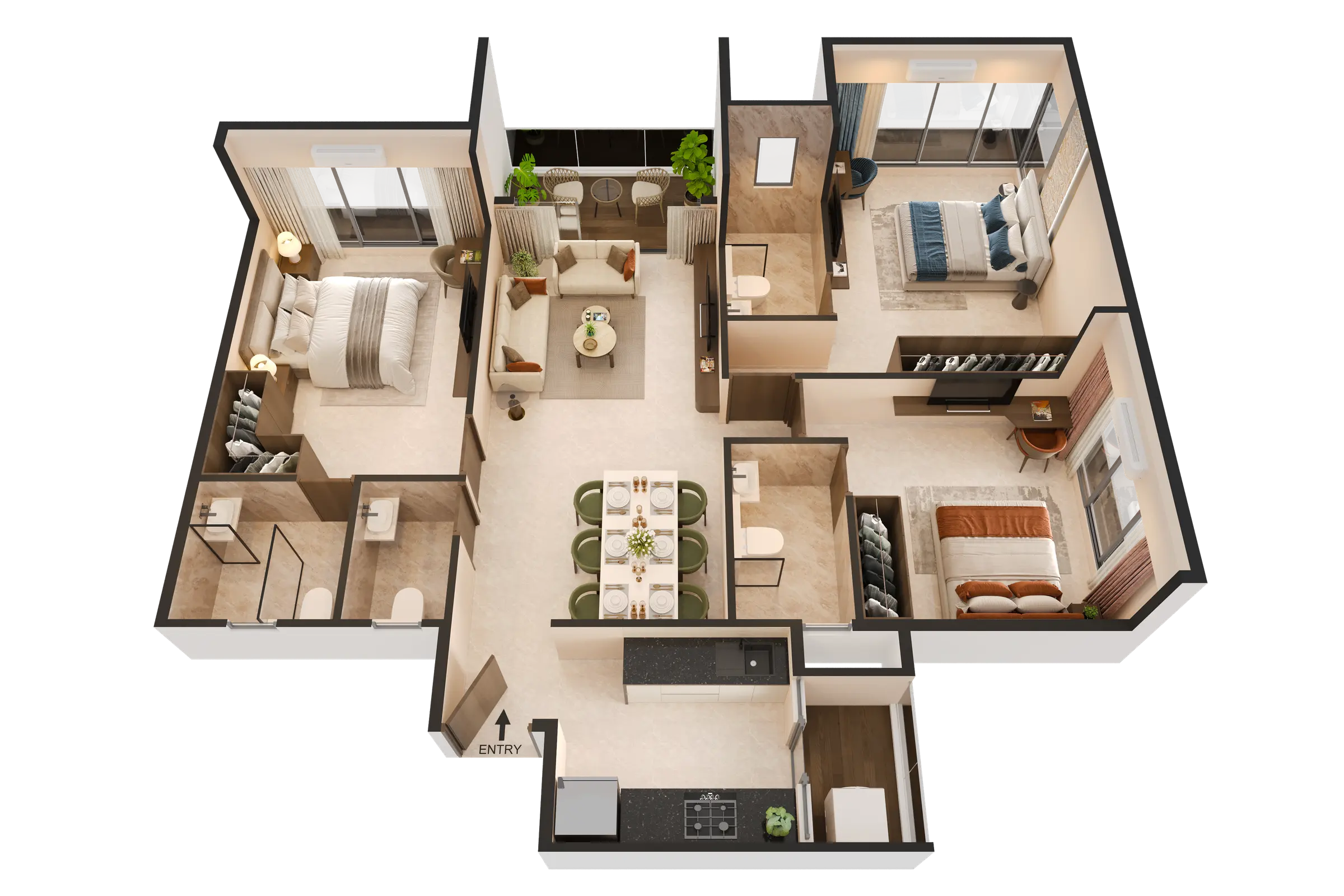 3D isometric floor plan of a three-bedroom apartment (Type B) showing living room, dining, kitchen, bedrooms and balcony