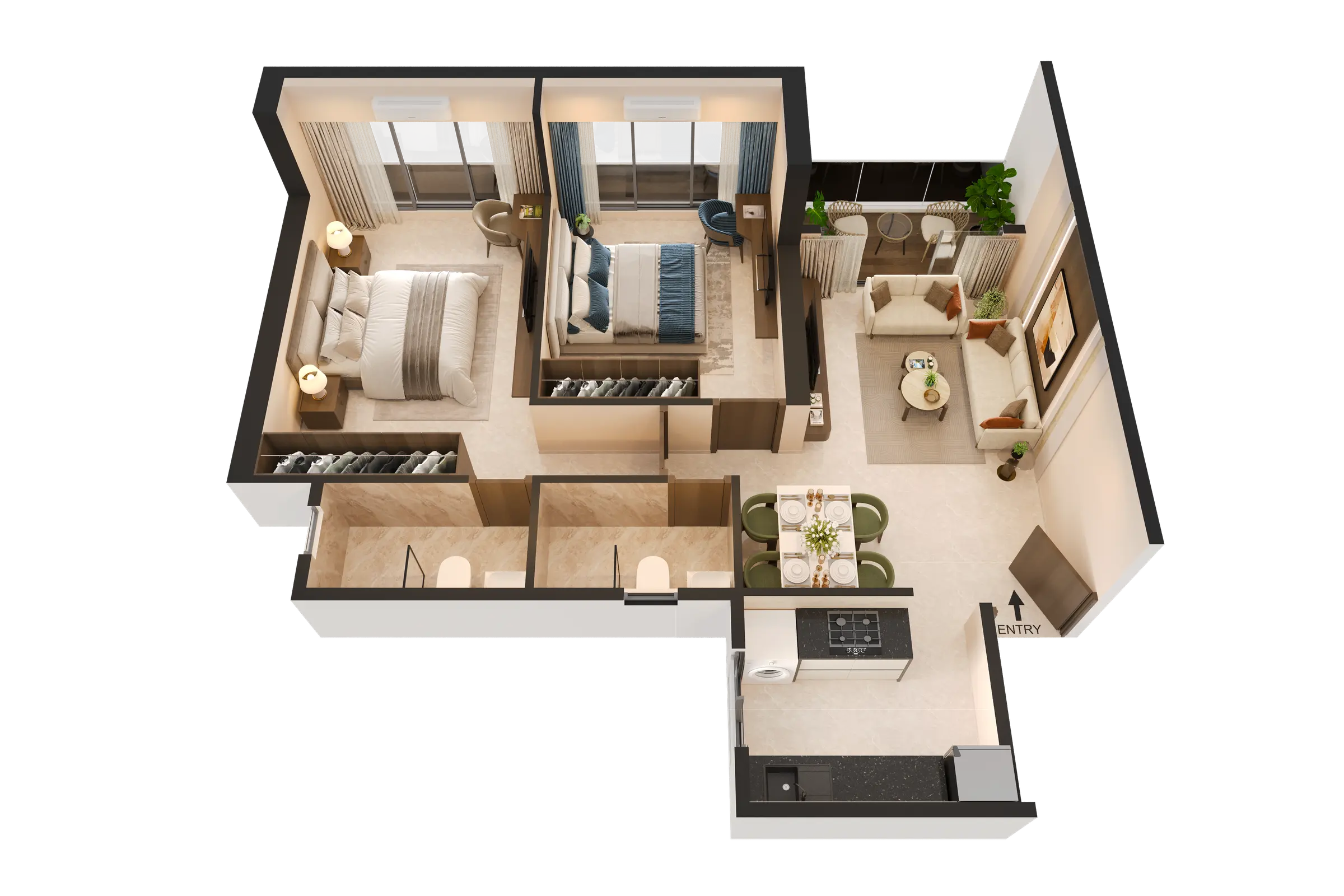 3D isometric floor plan of a two-bedroom apartment (Type C) showing living room, dining, kitchen, bedrooms and balcony